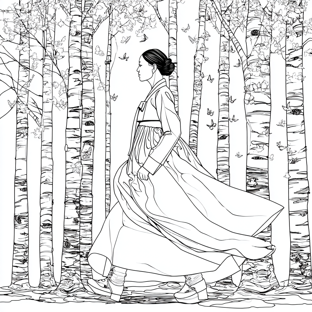 Serene Hanbok Walk Through a Birch Forest