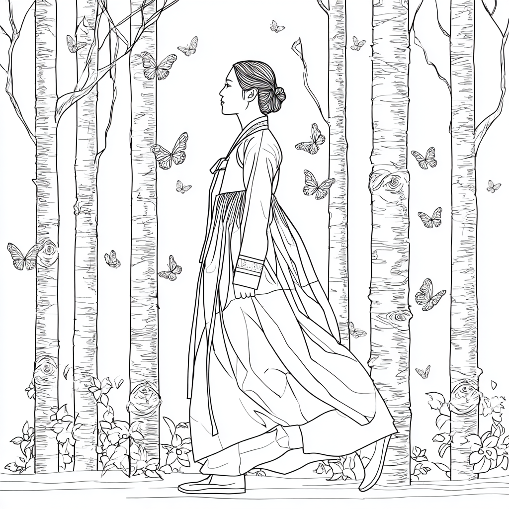 Serene Hanbok Walk Through a Birch Forest