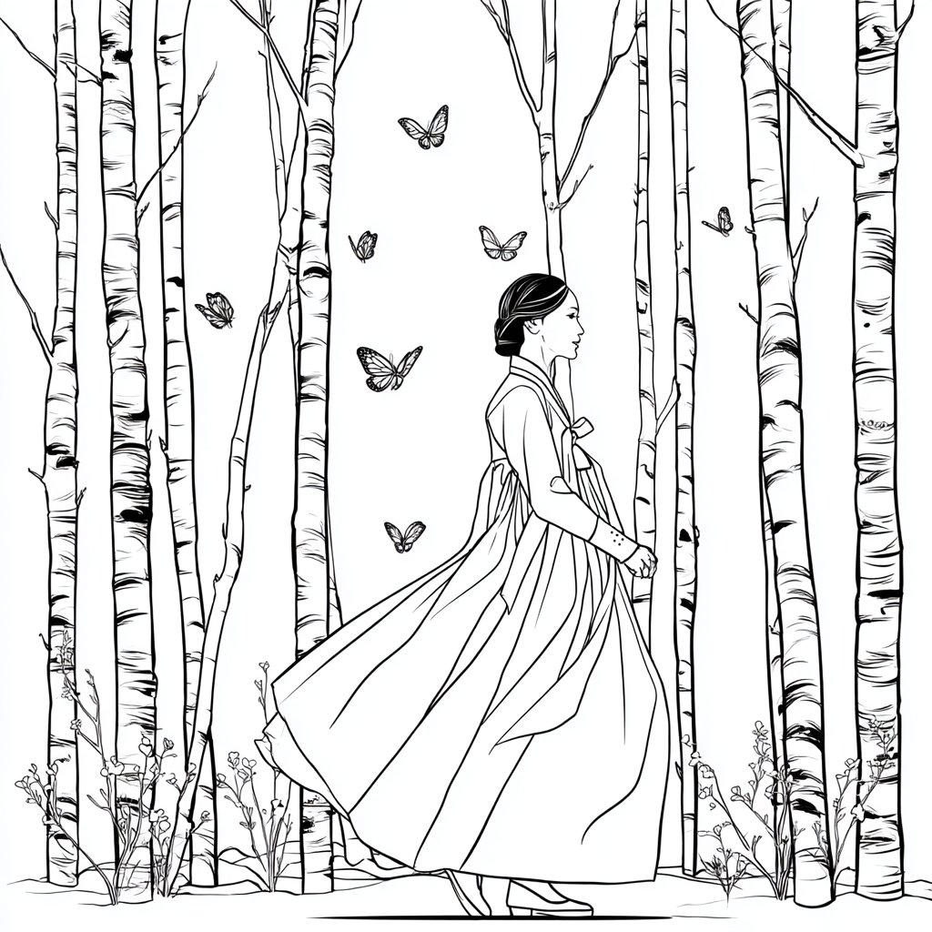 Serene Hanbok Walk Through a Birch Forest