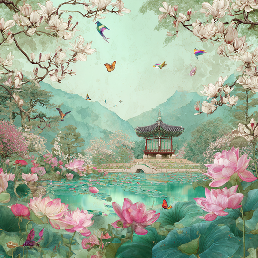 Korean Palace Lotus Garden Watercolor Landscape