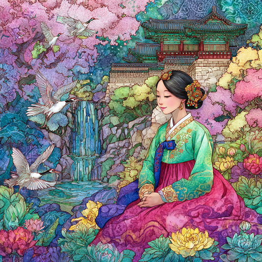 Serene Korean Hanbok Garden with Cranes and Palace Waterfall