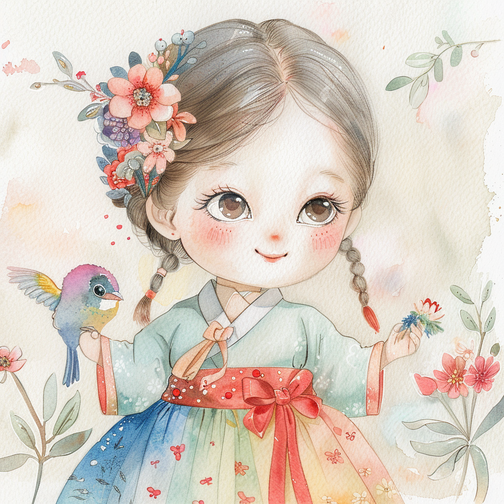 The Little Spring Blossom – Hanbok Girl with a Bird