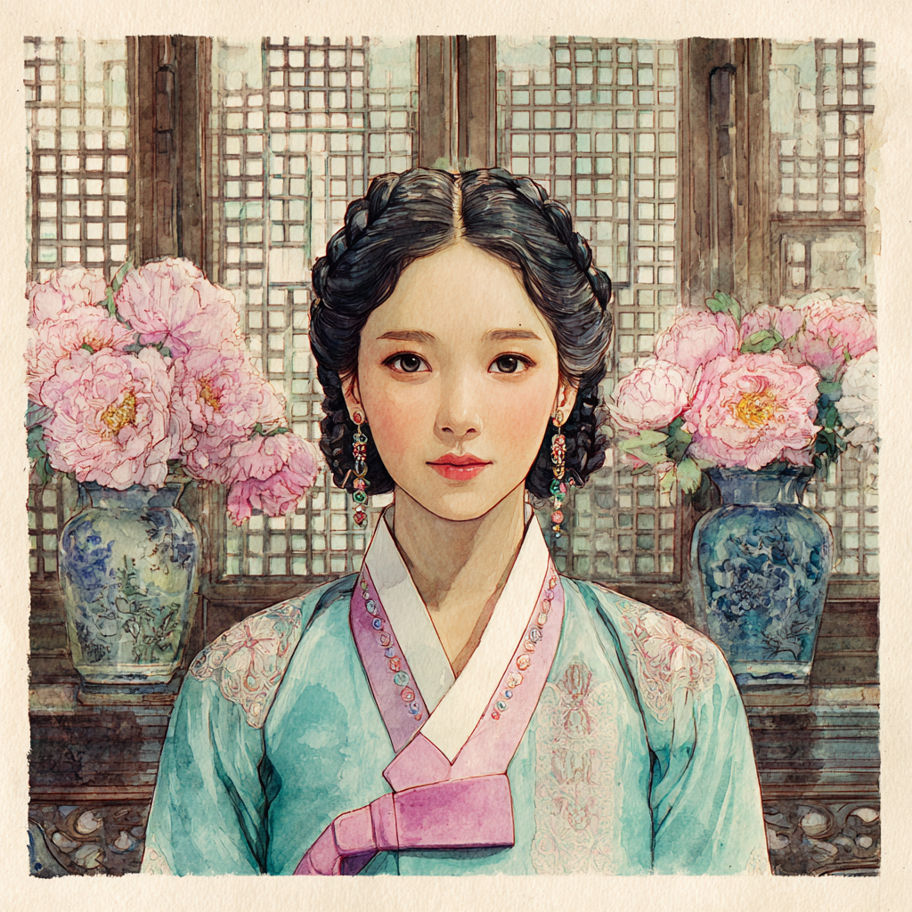Graceful Joseon Hanbok Portrait with Pink Peonies