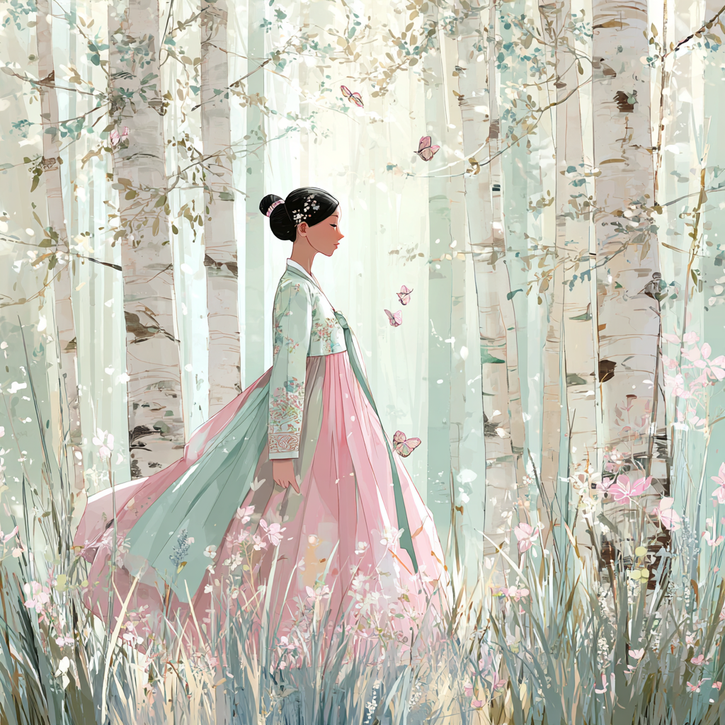 Serene Hanbok Walk Through a Birch Forest