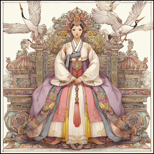 Majestic Korean Empress on a Royal Crane Throne
