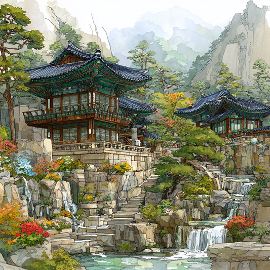 Korean Mountain Palace Garden Illustration
