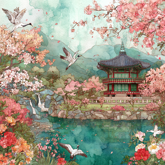Korean Palace Spring Garden Watercolor Landscape