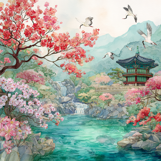 Korean Palace Spring Garden Watercolor Landscape