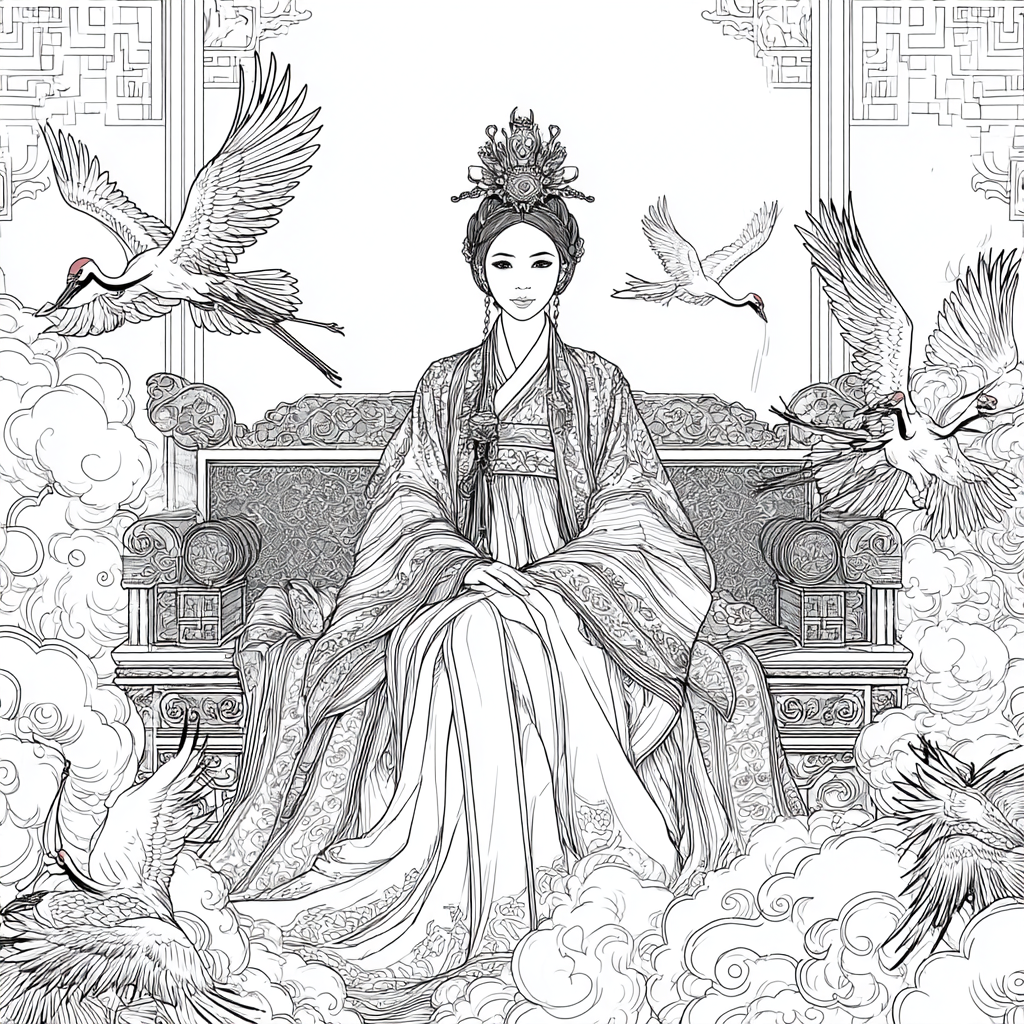 Majestic Korean Empress on a Royal Crane Throne