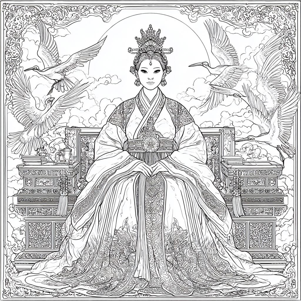 Majestic Korean Empress on a Royal Crane Throne