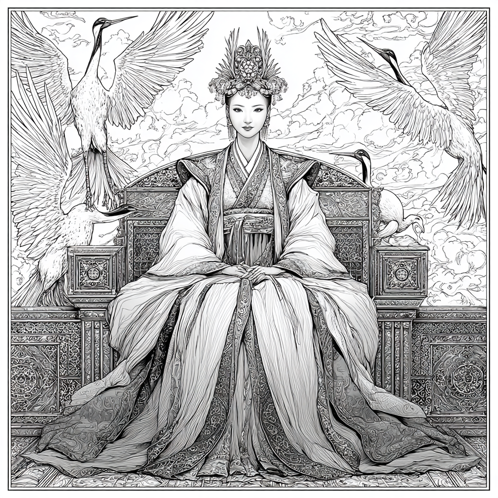 Majestic Korean Empress on a Royal Crane Throne