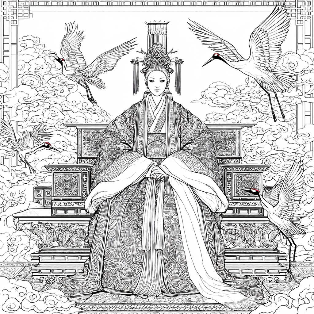 Majestic Korean Empress on a Royal Crane Throne