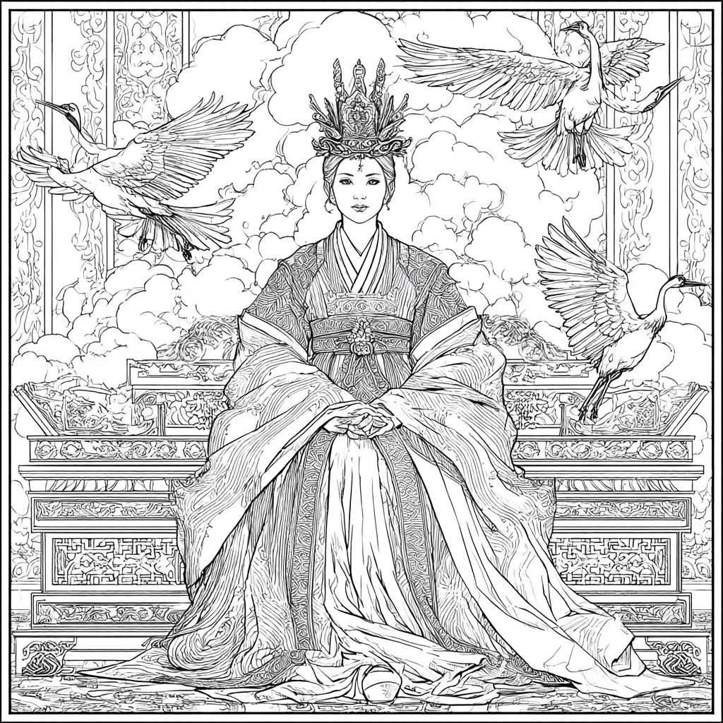 Majestic Korean Empress on a Royal Crane Throne