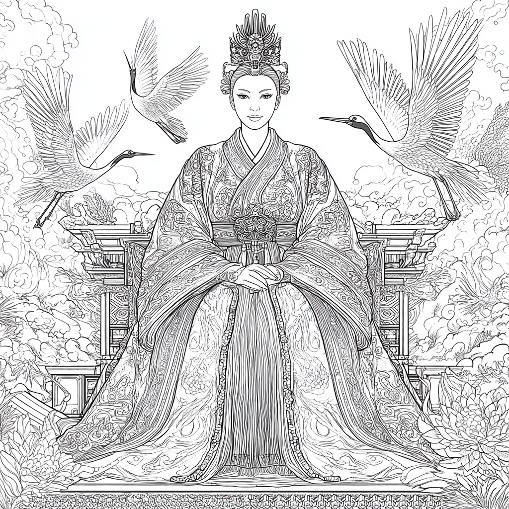 Majestic Korean Empress on a Royal Crane Throne