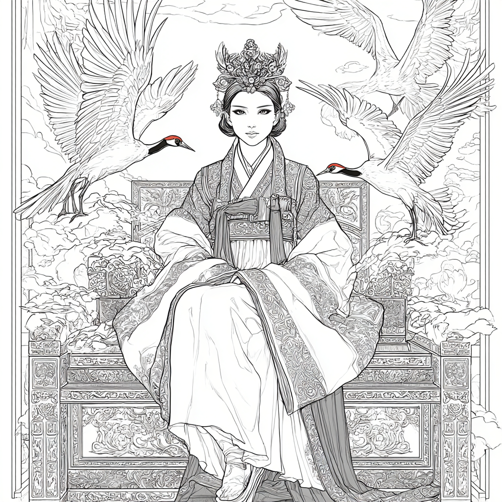 Majestic Korean Empress on a Royal Crane Throne