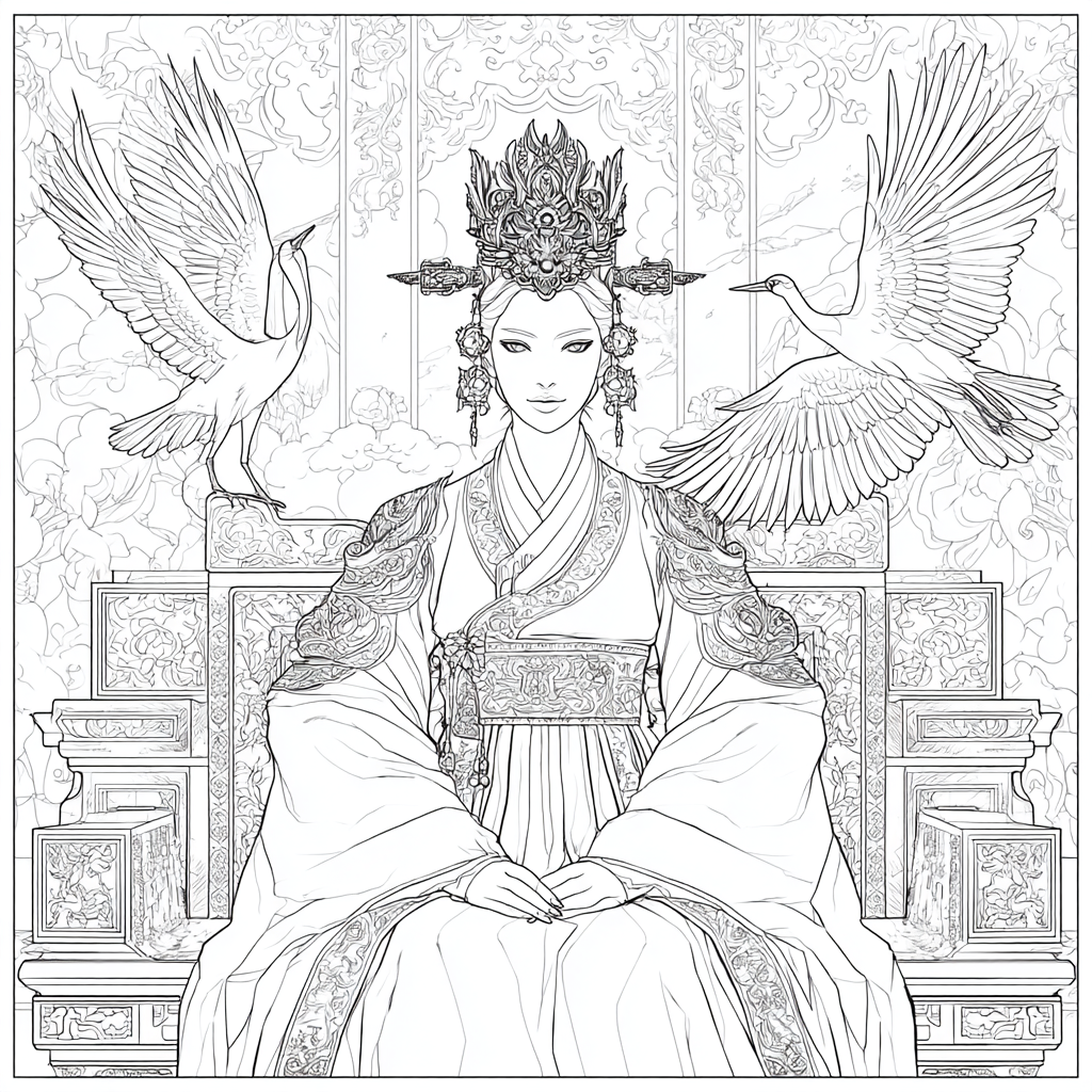 Majestic Korean Empress on a Royal Crane Throne