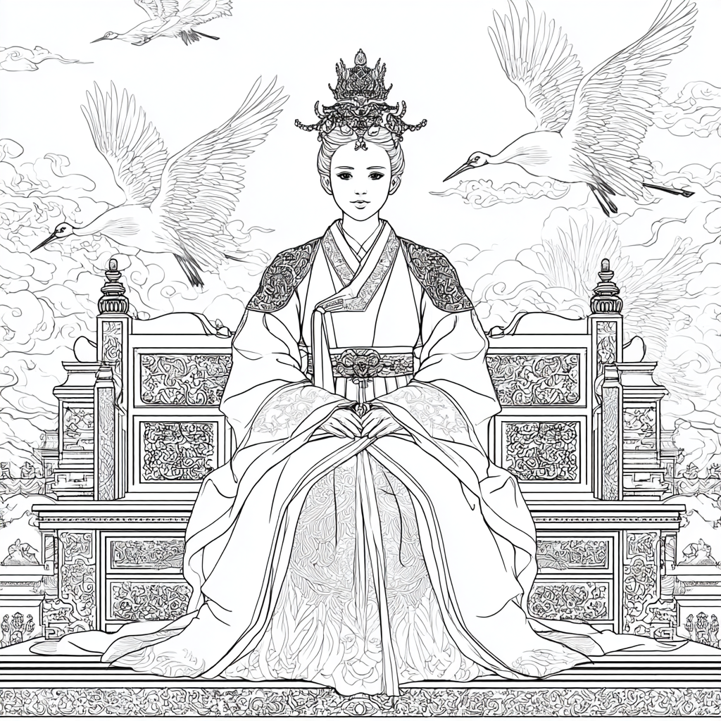 Majestic Korean Empress on a Royal Crane Throne