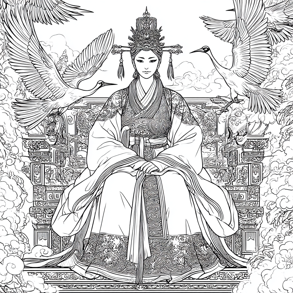 Majestic Korean Empress on a Royal Crane Throne