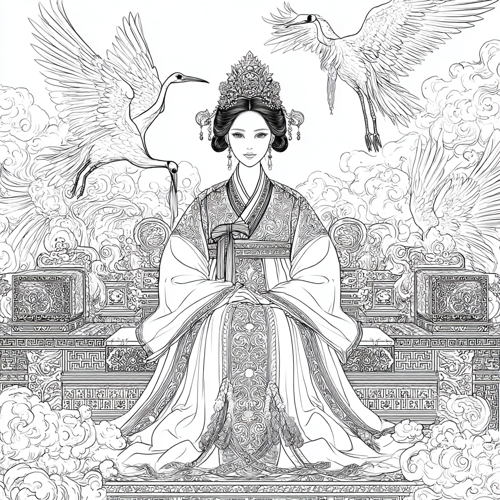 Majestic Korean Empress on a Royal Crane Throne