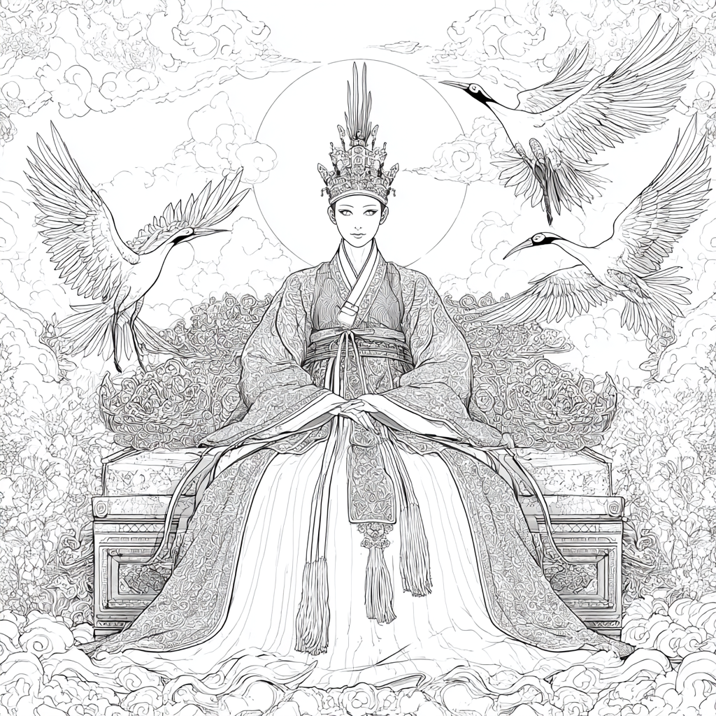 Majestic Korean Empress on a Royal Crane Throne