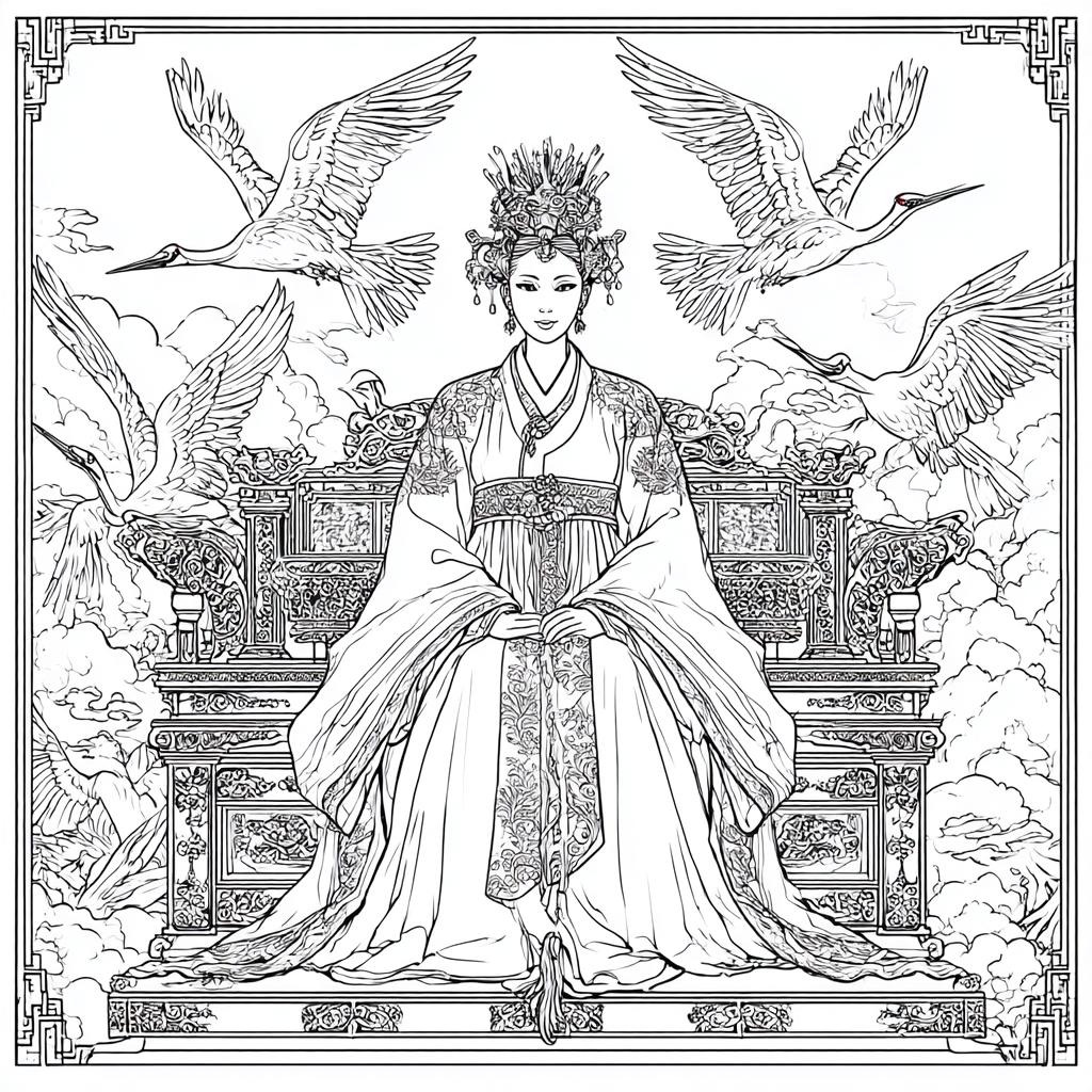 Majestic Korean Empress on a Royal Crane Throne