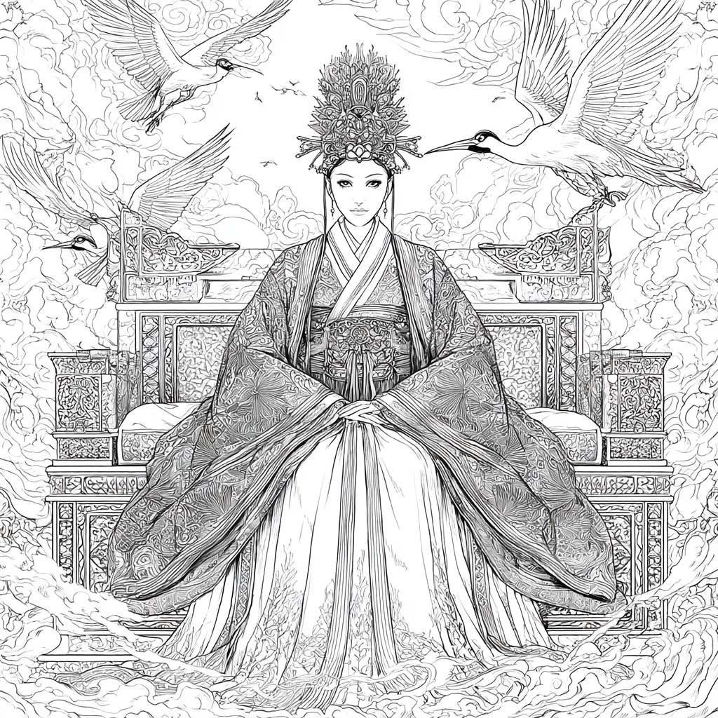 Majestic Korean Empress on a Royal Crane Throne