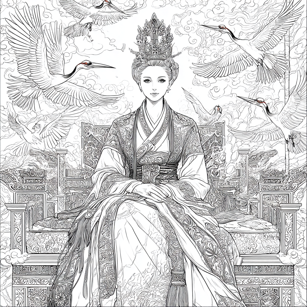 Majestic Korean Empress on a Royal Crane Throne