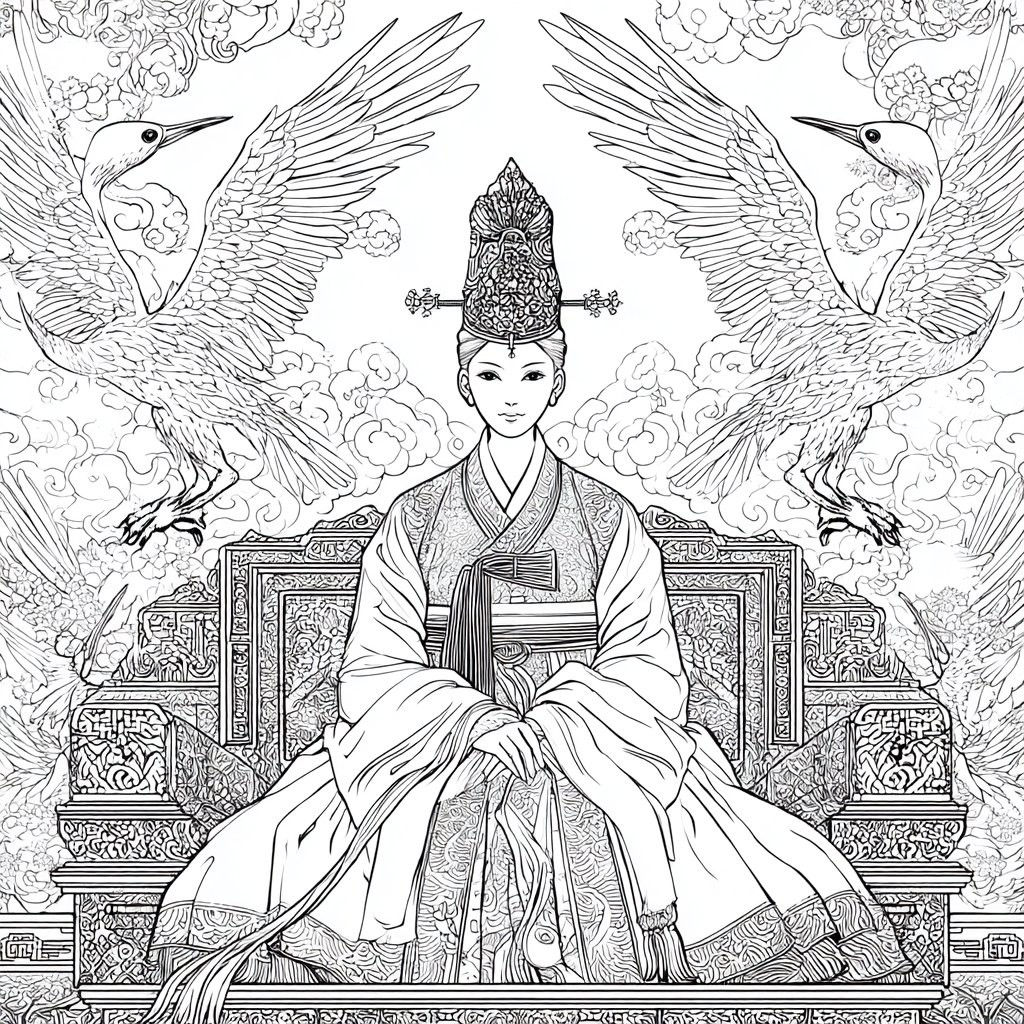 Majestic Korean Empress on a Royal Crane Throne