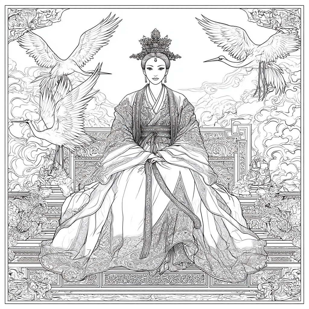 Majestic Korean Empress on a Royal Crane Throne