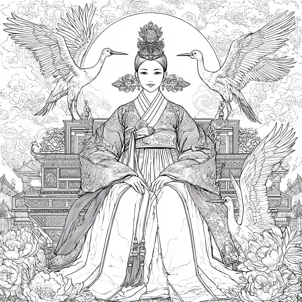 Majestic Korean Empress on a Royal Crane Throne
