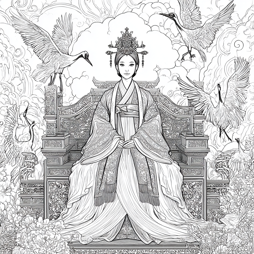 Majestic Korean Empress on a Royal Crane Throne