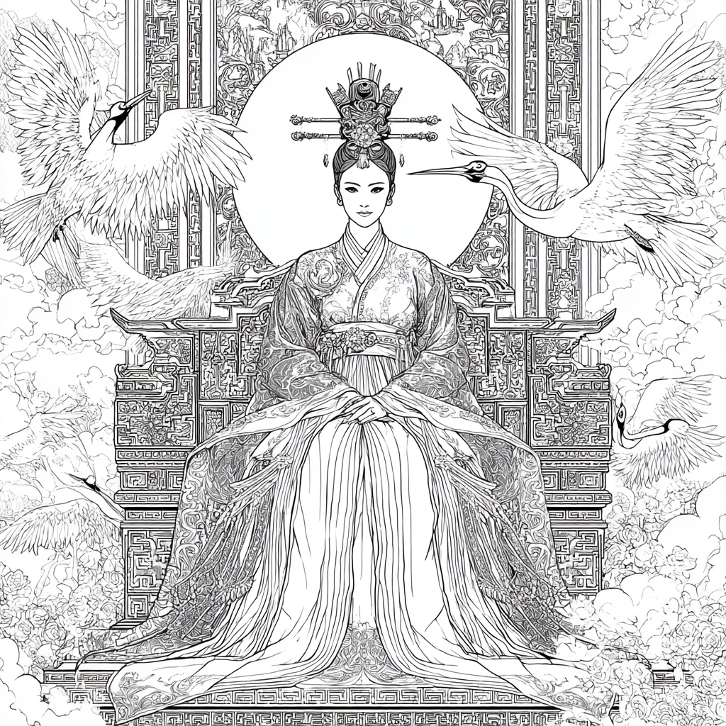 Majestic Korean Empress on a Royal Crane Throne