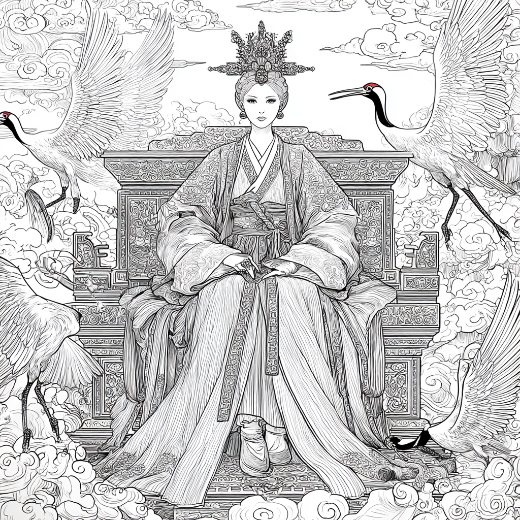 Majestic Korean Empress on a Royal Crane Throne