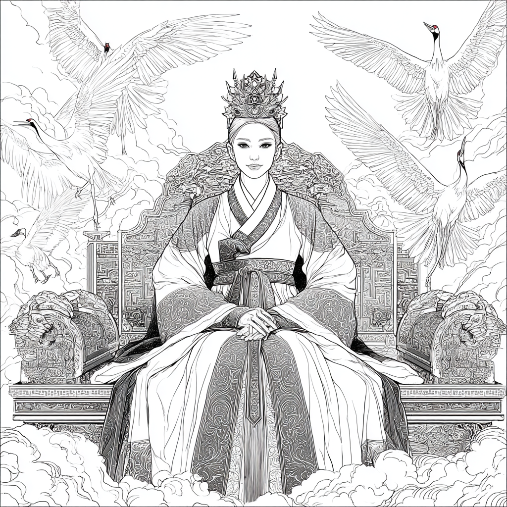 Majestic Korean Empress on a Royal Crane Throne