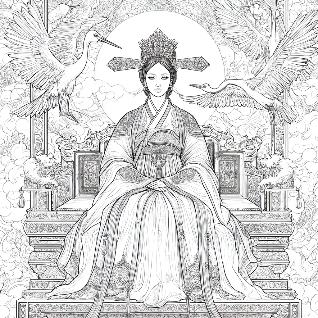 Majestic Korean Empress on a Royal Crane Throne