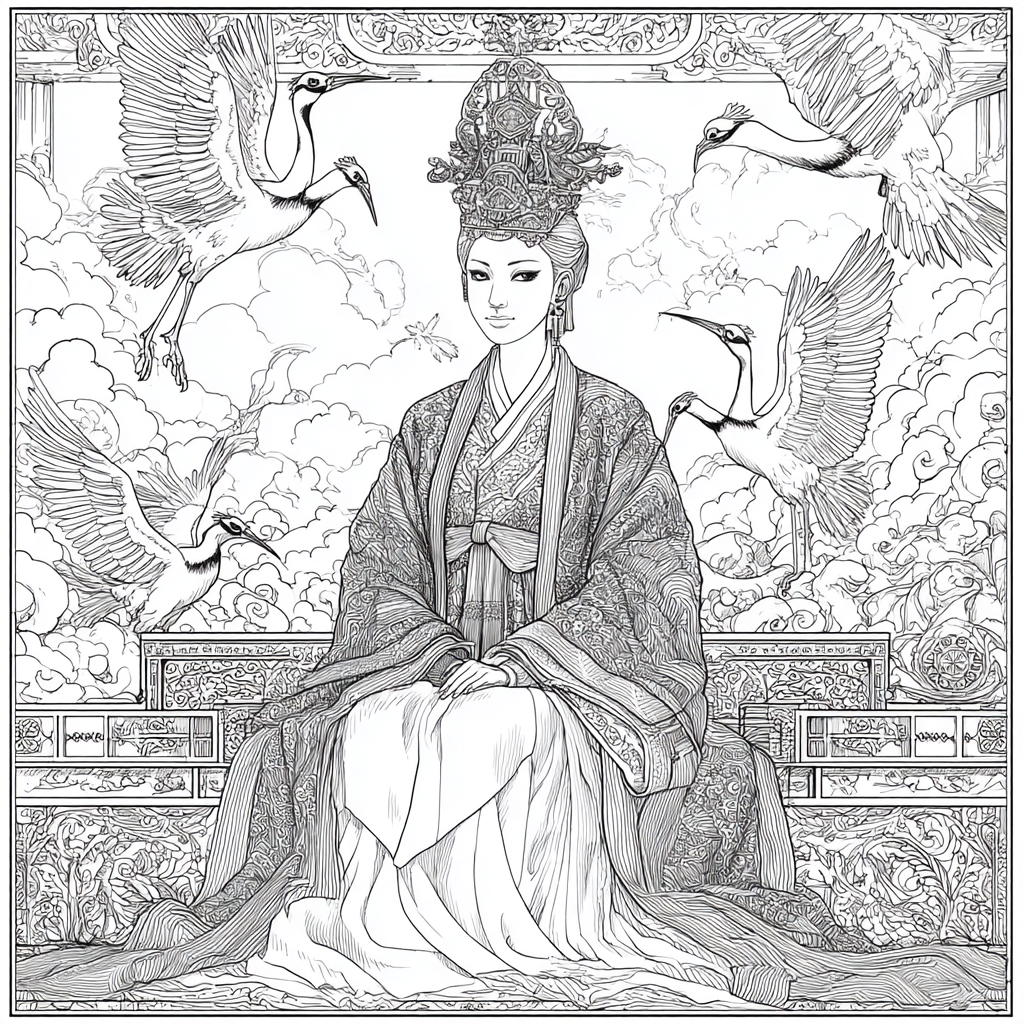 Majestic Korean Empress on a Royal Crane Throne
