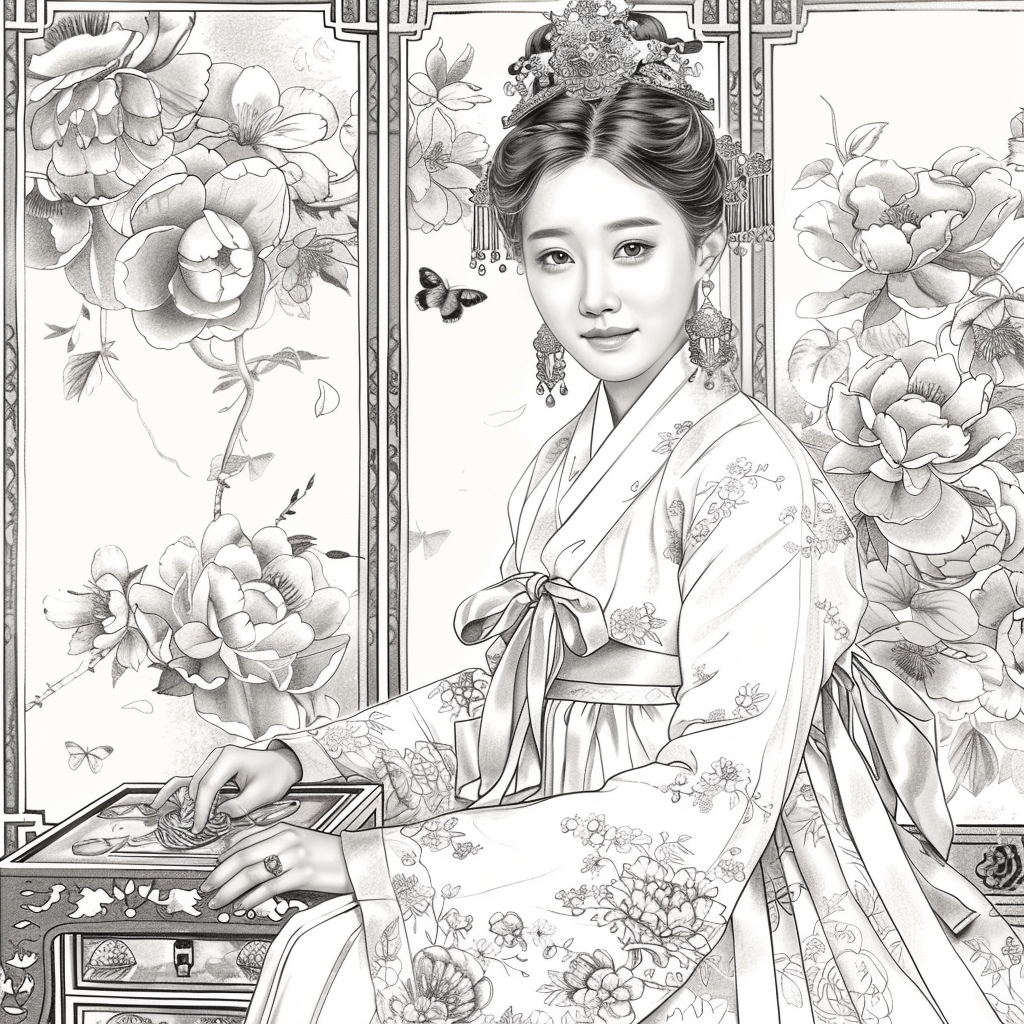 Blossoms of Grace – Elegant Hanbok Lady in a Serene Spring Pavilion