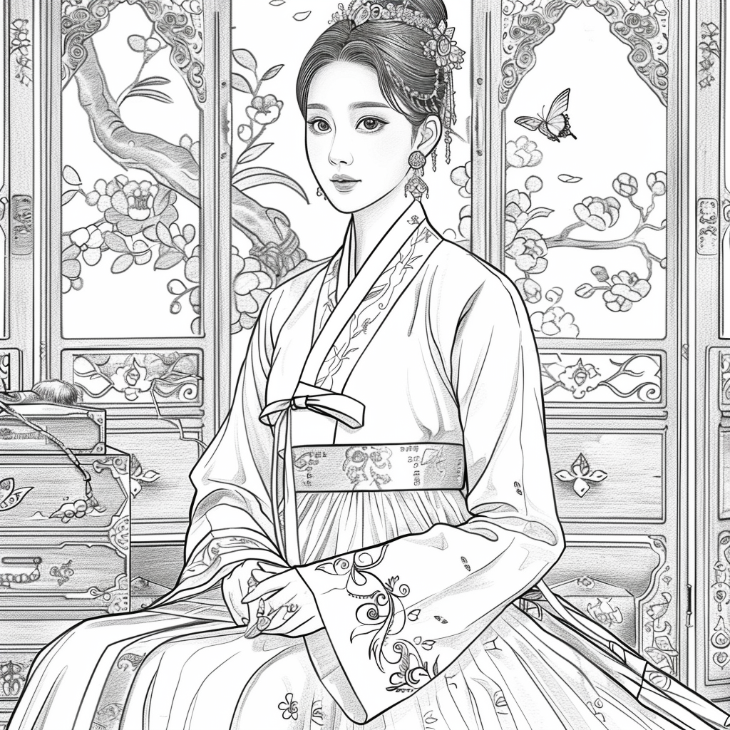 Blossoms of Grace – Elegant Hanbok Lady in a Serene Spring Pavilion