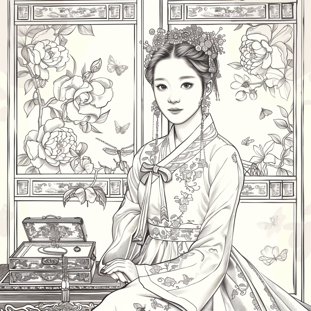 Blossoms of Grace – Elegant Hanbok Lady in a Serene Spring Pavilion