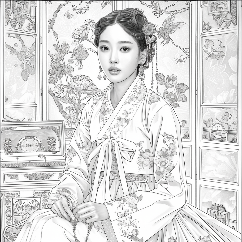 Blossoms of Grace – Elegant Hanbok Lady in a Serene Spring Pavilion