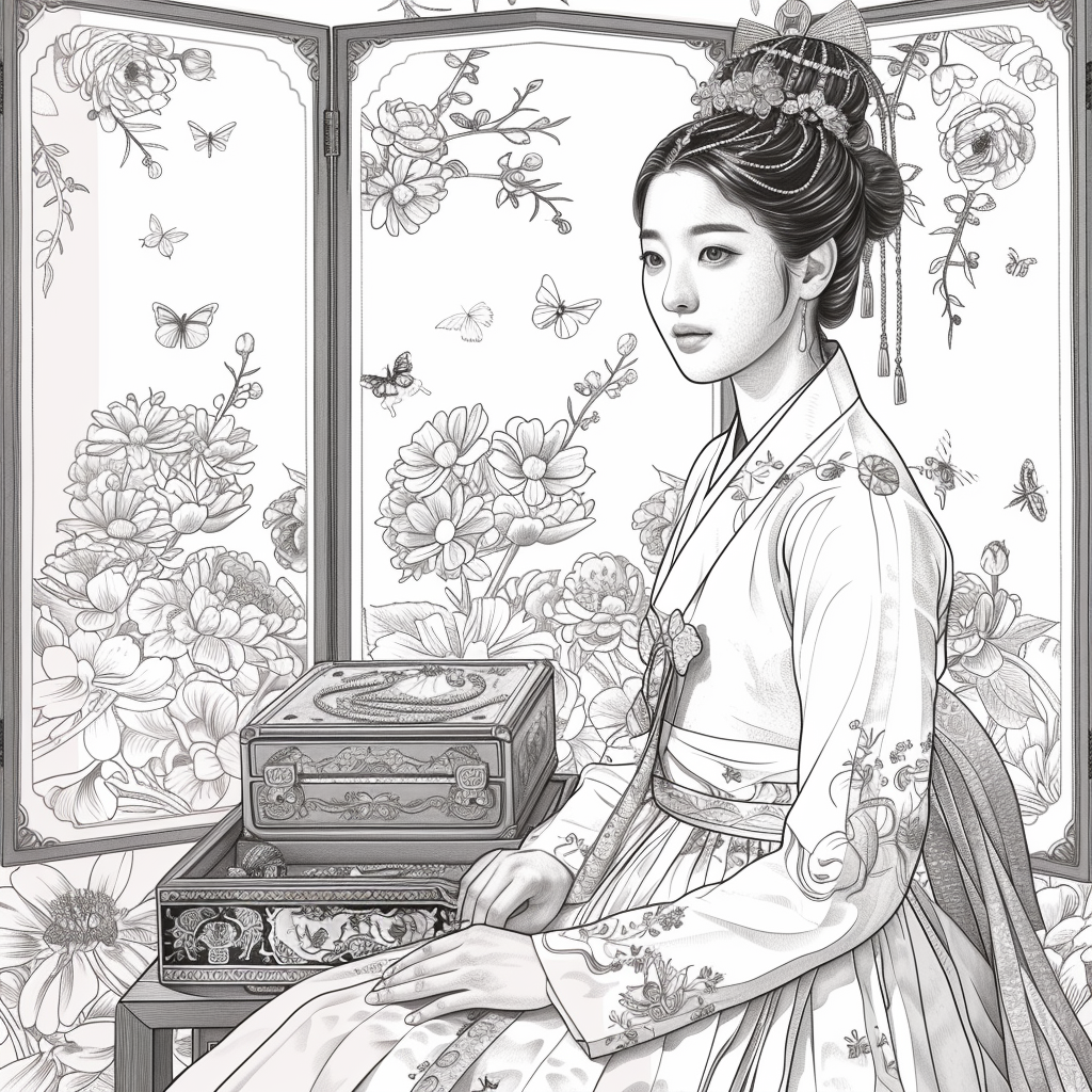 Blossoms of Grace – Elegant Hanbok Lady in a Serene Spring Pavilion