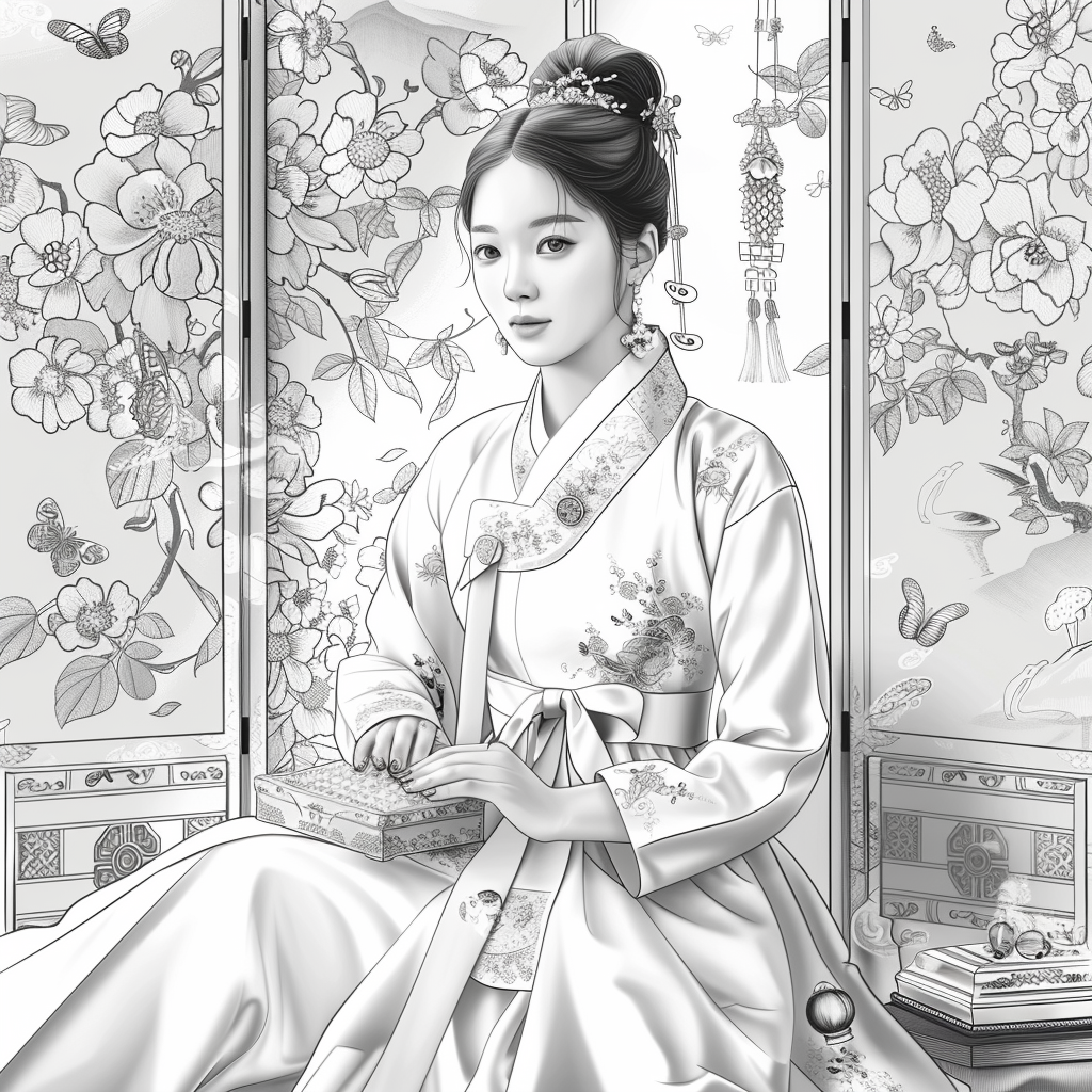Blossoms of Grace – Elegant Hanbok Lady in a Serene Spring Pavilion