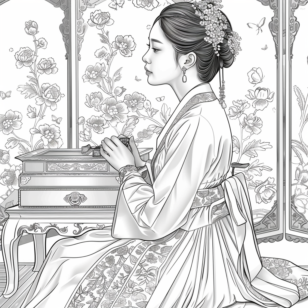 Blossoms of Grace – Elegant Hanbok Lady in a Serene Spring Pavilion