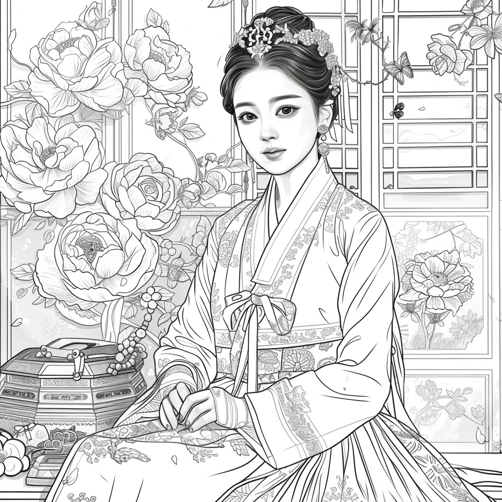 Blossoms of Grace – Elegant Hanbok Lady in a Serene Spring Pavilion