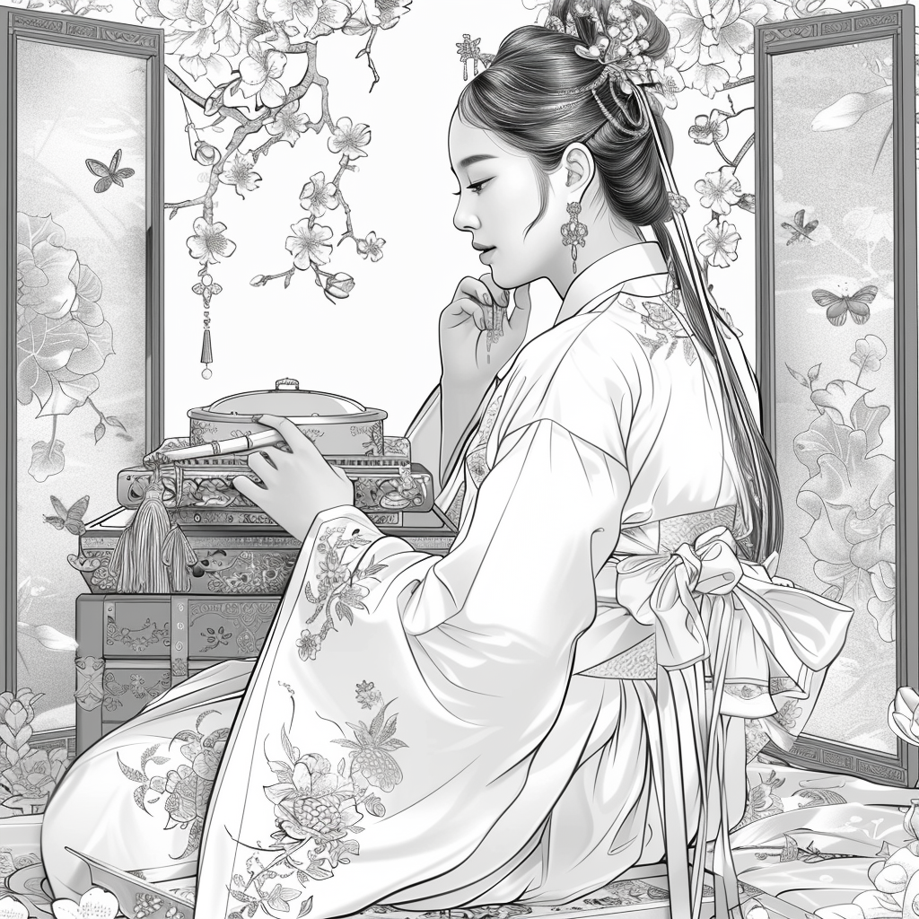 Blossoms of Grace – Elegant Hanbok Lady in a Serene Spring Pavilion