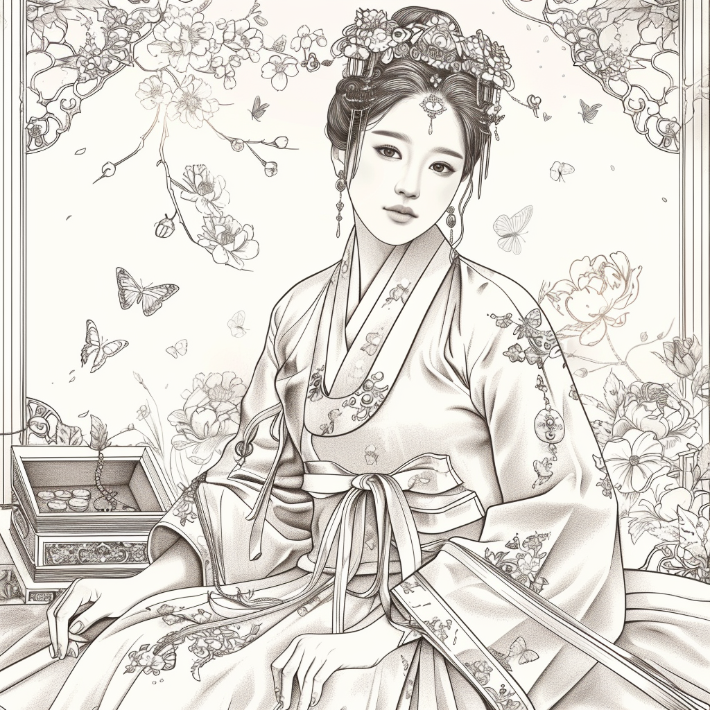 Blossoms of Grace – Elegant Hanbok Lady in a Serene Spring Pavilion
