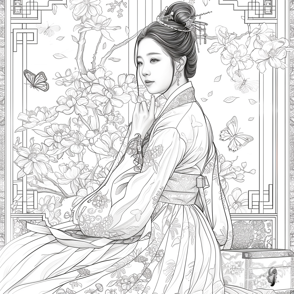 Blossoms of Grace – Elegant Hanbok Lady in a Serene Spring Pavilion