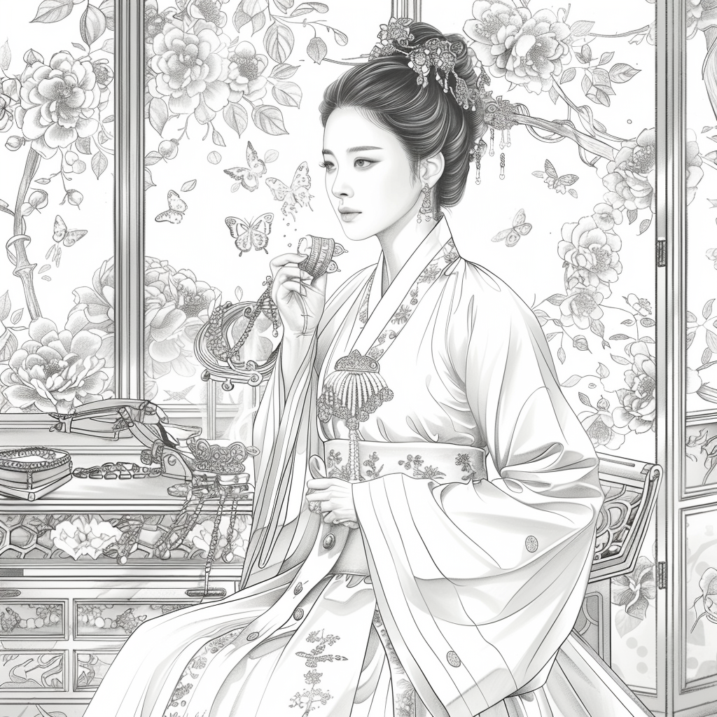 Blossoms of Grace – Elegant Hanbok Lady in a Serene Spring Pavilion