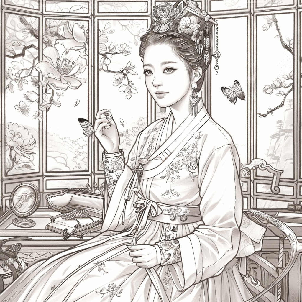 Blossoms of Grace – Elegant Hanbok Lady in a Serene Spring Pavilion
