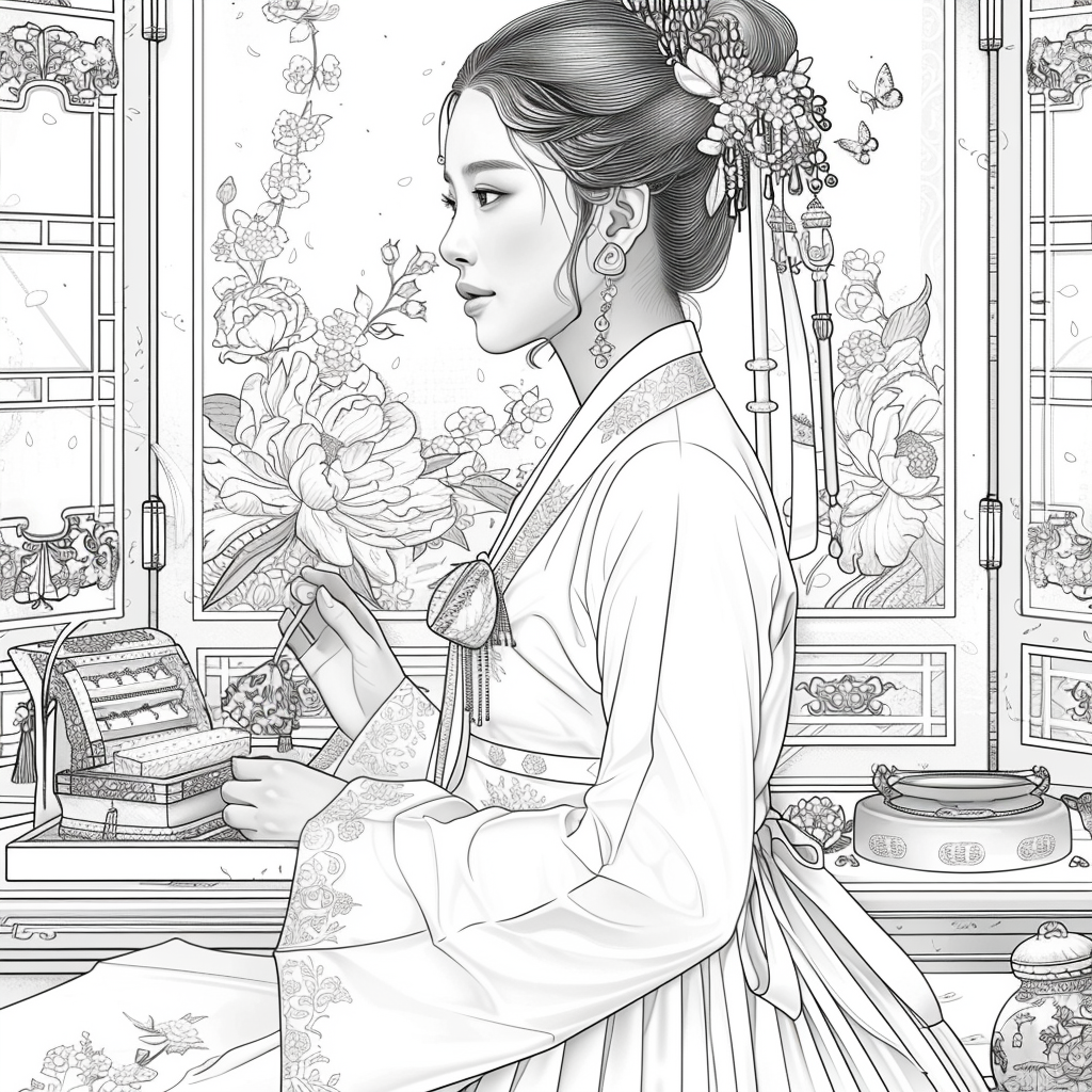 Blossoms of Grace – Elegant Hanbok Lady in a Serene Spring Pavilion